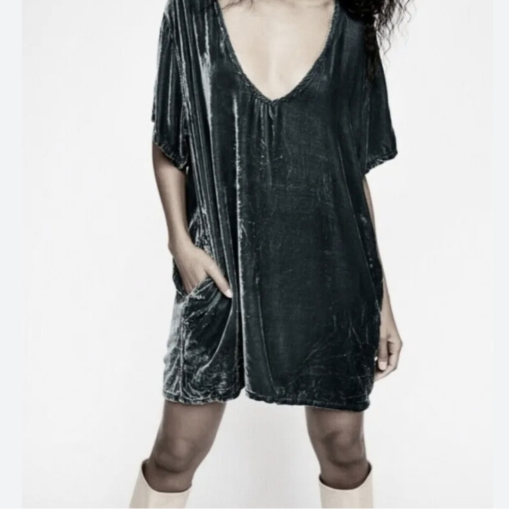 Free People x CP Shades | Velvet Tunic Dress Gray Medium Pockets Cocoon USA